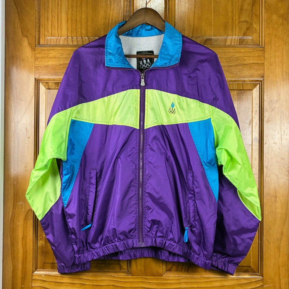 Vintage 90s USA Olympics Windbreaker Jacket JCPenny Teal Purple Retro Sportswear